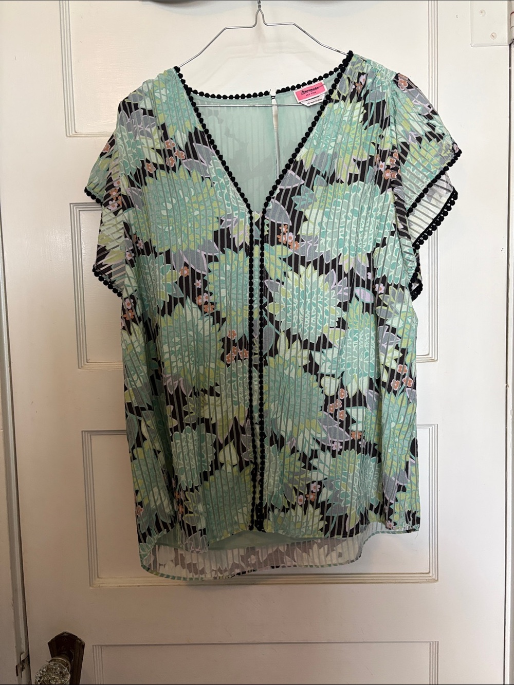 Kate Spade Mint Floral Pleated Blouse with Black Trim Women's Top Size XL